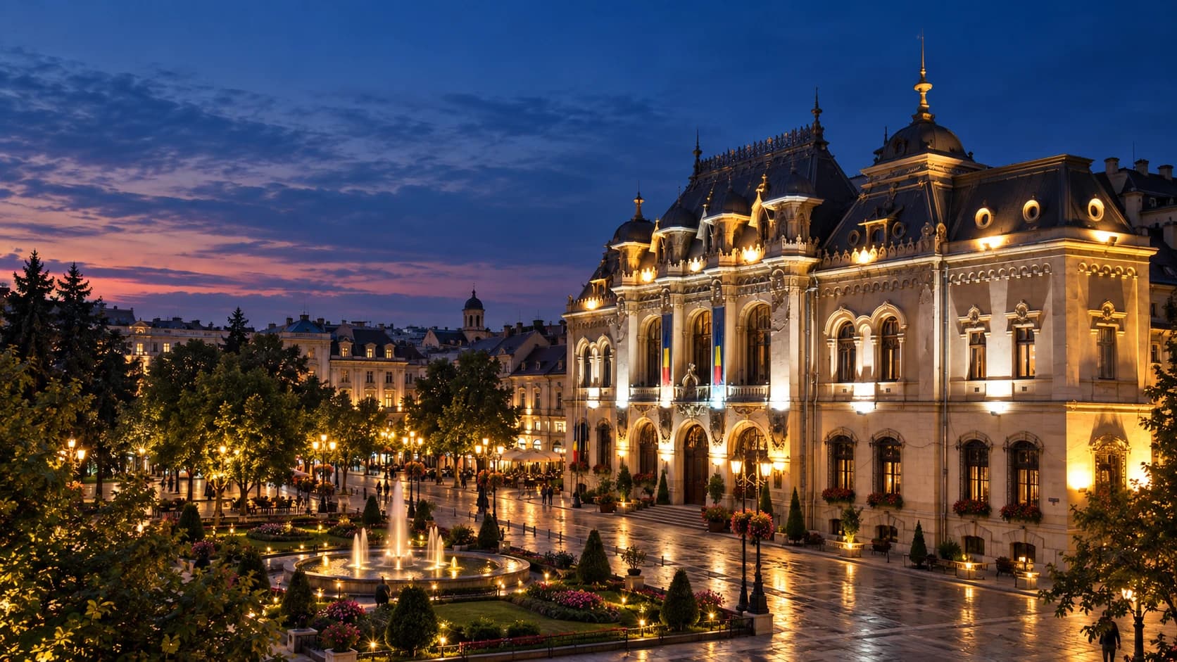 Panoramă inspirată din arhitectura Craiovei, concept vizual generat AI